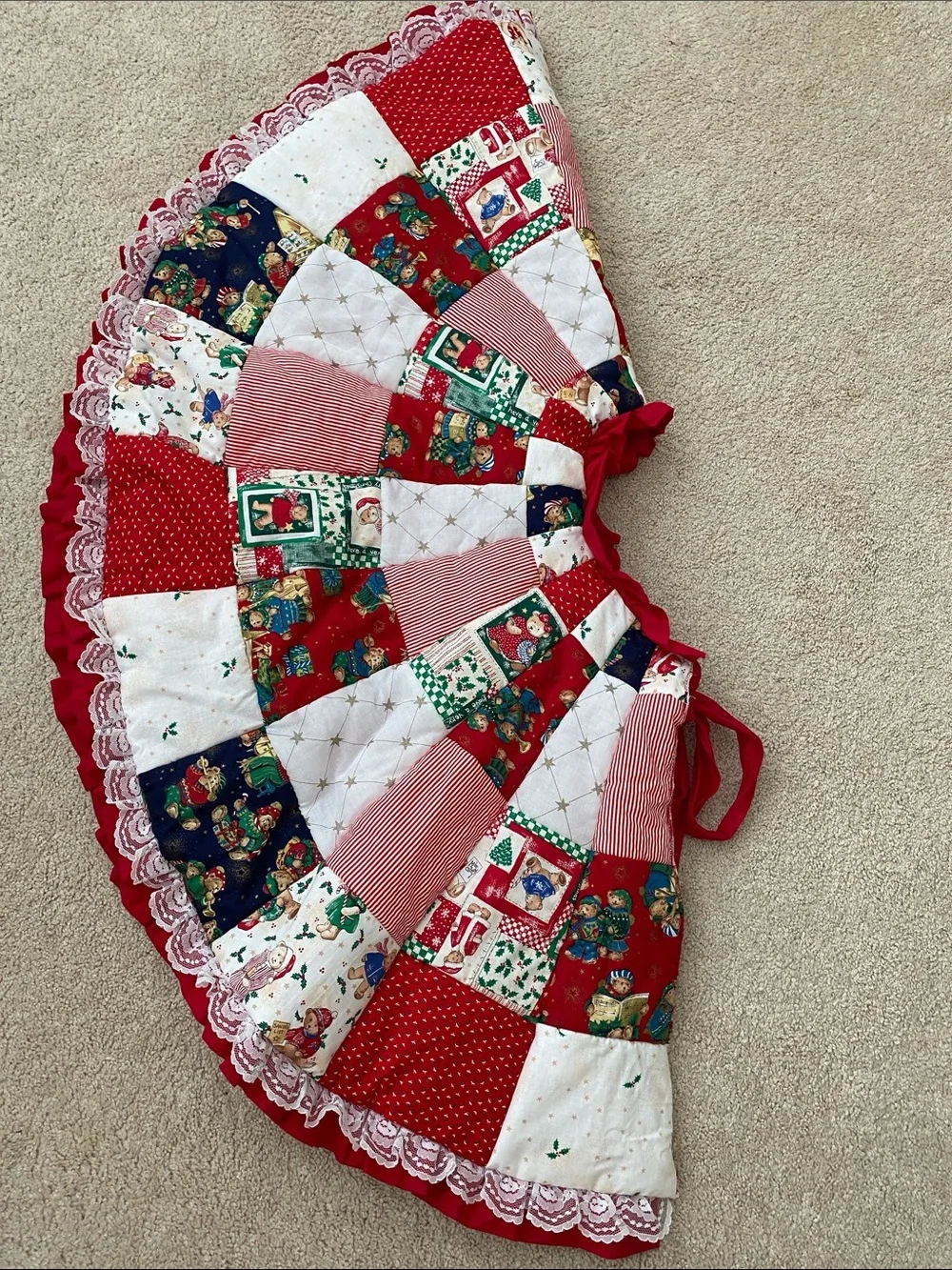Vintage Handmade Patchwork Christmas Tree Skirt in Red, Green, White